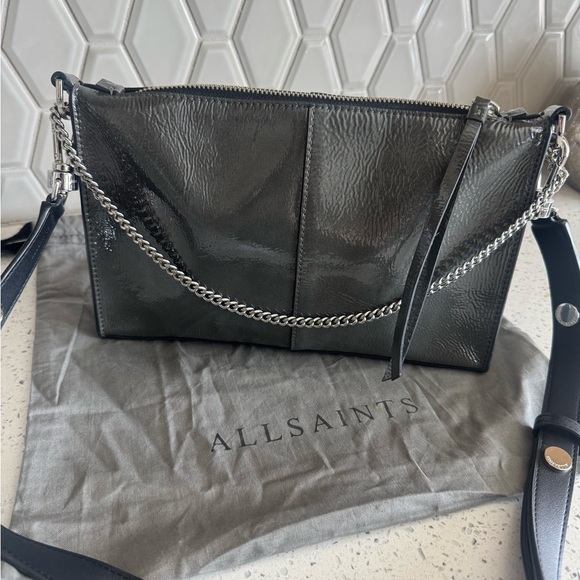 All Saints Glossy Grey Leather Eve Crossbody Bag with Silver Chain - Picture 2 of 8